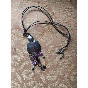 Bohemian Hammered Silver Tone Pendant Necklace Purple Bead Charms Black Cord
